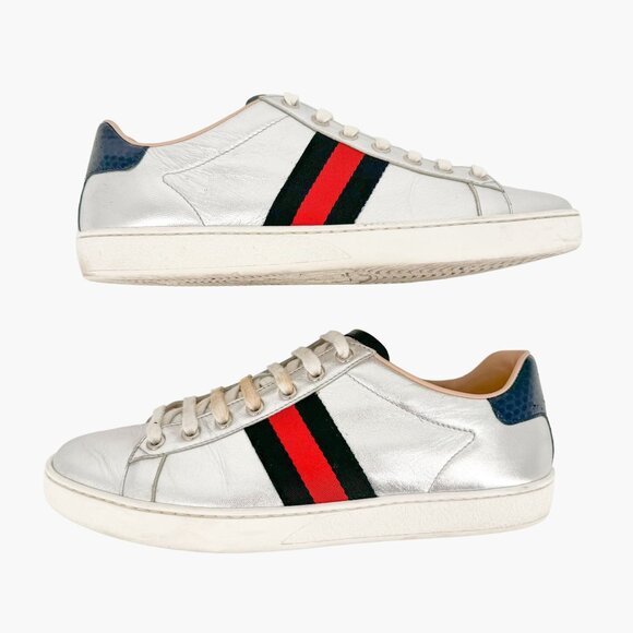 Gucci Ace Web Stripe Sneaker EU 38.5 US 8.5 Metallic Silver Leather Low Top Shoe - Picture 7 of 12
